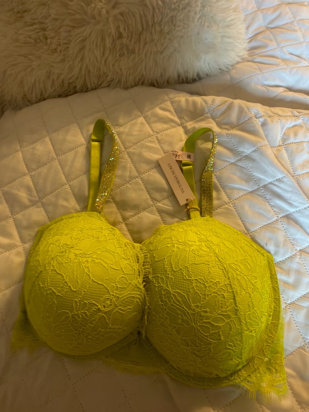 Victoria's Secret Neon Lime Lace Push-Up Bra with Jeweled Straps